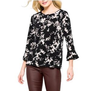 Karl Lagerfeld Black Floral Ruffle Trumpet Sleeve Tunic Top